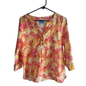 Vintage Laih Lane Women 12P Colorful Watercolor Floral Orange Shirt Casual Retro